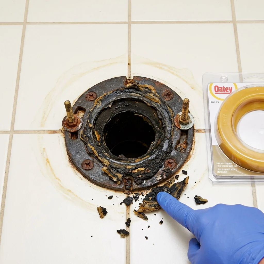 Failed wax ring showing water seepage at the base of a toilet in a Bowling Green, OH home